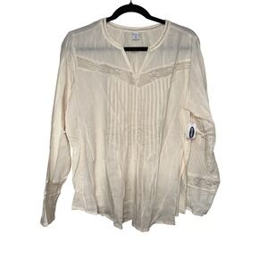 Old Navy Women Beige Lace Trim V Neck Long Sleeve‎ Blouse Top Plus Size L